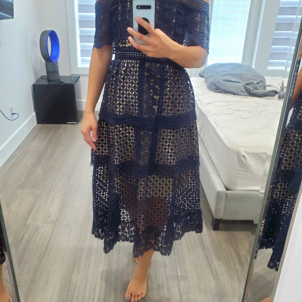 Off-Shoulder Navy Lace Midi Dress - Picture 2 of 9